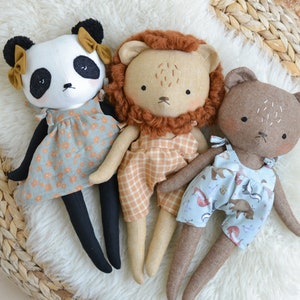 Stuffed Panda, bear and lion doll sewing pattern lion soft toy instant download pdf cuddly plush