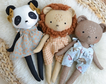 Stuffed Panda, bear and lion doll sewing pattern lion soft toy instant download pdf cuddly plush