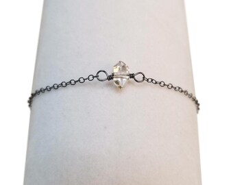 Bracelet: Oxidized Silver Herkimer Diamond, Minimalist Gunmetal Tennis Bracelet, Delicate Desert Diamond Bracelet, High Energy Quartz Empath