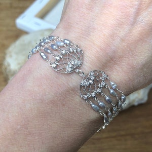 Butterfly Bracelet w/ Filigree Pattern & Micro pave CZ, Multi-strand, Cultured Freshwater Grey Pearls, Gift for Her