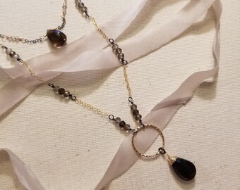 Mixed Metal Oxidized Silver, Gold Filled & Smokey Quartz Necklace