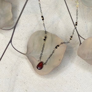 May include: A delicate necklace with a red gemstone pendant. The chain is made of black and gold beads.