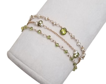 Multi Strand Bracelet w/ Peridot & Green Pearl and Gold-filled Chain and Clasp, Mini Freshwater Pearl Bracelet, Greenery Springtime Bracelet