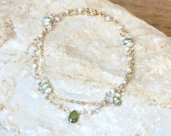 Bracelet w/ Peridot & Green Freshwater Pearl Bracelet and Gold-filled Chain, Mini Freshwater Pearl Bracelet, Gift for Nature Lover
