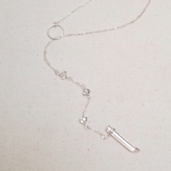 Sterling Silver Lariat Necklace, Silver Chain, Herkimer Diamond, Crystal Point Pendant, Desert Diamond Drop Necklace, Wedding Jewelry, Gifts