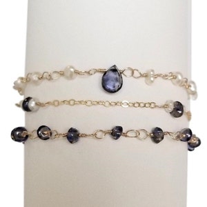 Triple Strand Bracelet w/ Iolite & Freshwater Pearls, Gold-filled Chain and Clasp, Blue Gemstone Jewelry, Something Blue