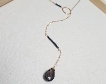 Lariat Necklace w/ 14kt Gold Fill, Black Spinel Gemstones, Clear Smoky Quartz Crystal Pendant, Modern Wedding Jewelry