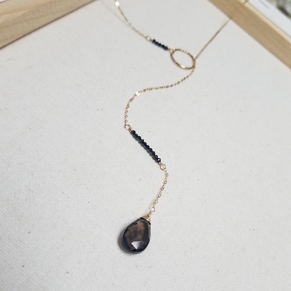 Lariat Necklace w/ 14kt Gold Fill, Black Spinel Gemstones, Clear Smoky Quartz Crystal Pendant, Modern Wedding Jewelry