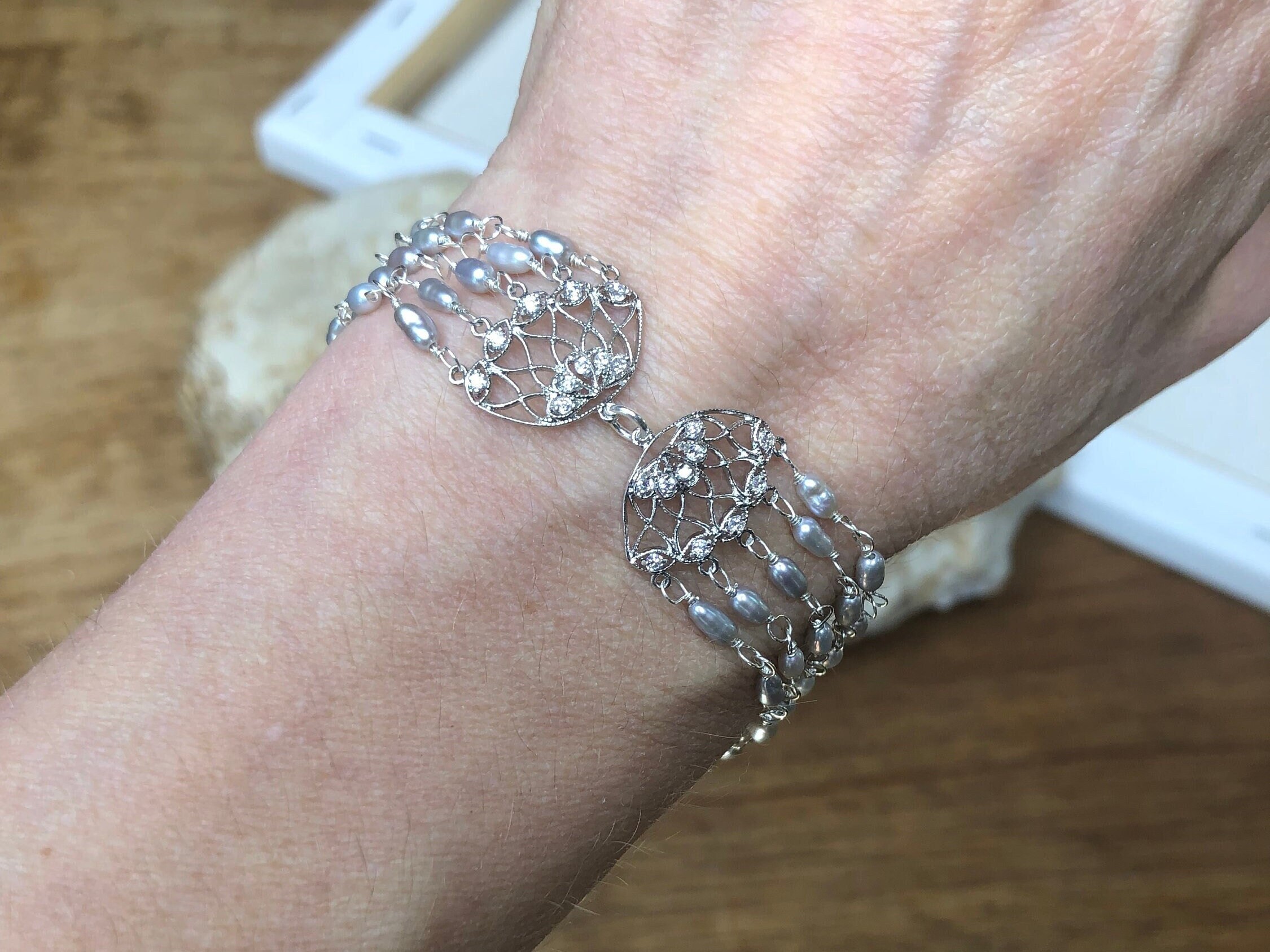 Butterfly Bracelet w/ Filigree Pattern & Micro pave CZ, Multi-strand, Cultured Freshwater Grey Pearls, Gift for Her
