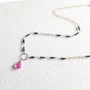Pink Topaz Necklace w/ Black Spinel, 14k Gold-filled Chain & Oxidized Silver Hoop, Dainty Hot Pink Gemstone Jewelry