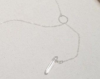 Silver Lariat Necklace, Silver Chain, Polished Clear Quartz Crystal Point Pendant, Crystal Drop Necklace, Wedding Jewelry, Gifts
