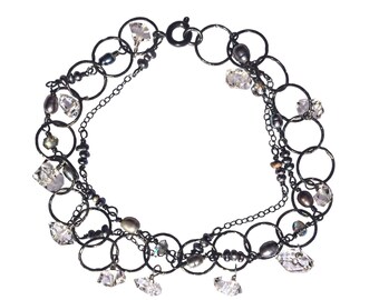 Oxidized Silver Bracelet, Herkimer Diamonds, Labradorite Gems & Black Freshwater Pearls on Round Link Chain, Desert Diamonds, Multi-strand