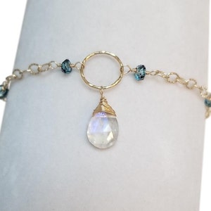 Rainbow Moonstone & London Blue Gemstone Bracelet w/ Gold-filled Chain, Turquoise Crystal Jewelry, Tennis Bracelet