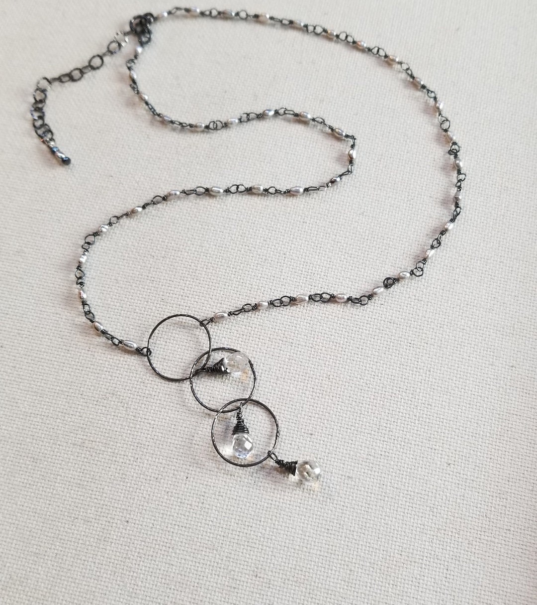Quartz Drop, Pearl & Oxidized Silver Hoop Necklace, Dangle