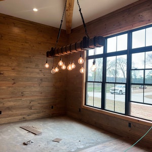 Hand-Hewn Wood Beam Chandelier: Rustic Farmhouse Island Lighting