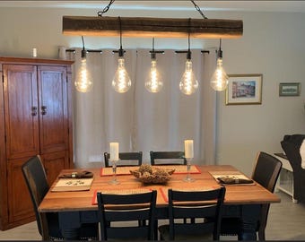 Hand Hewn Wood Beam Chandelier: Farmhouse Kitchen Island Lighting