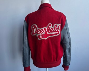 1989 Deerfield Wisconsin Letterman Jacket, Leather & Wool, Red and Gray Varsity Jacket