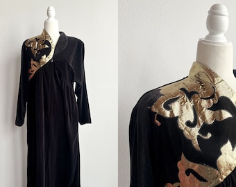 1970s Vintage Oscar De La Renta Dress, Designer Night Dress, Gold & black velvet floor length bed gown