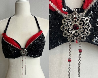 80s Vintage Beaded Bra, Black & Red Festival, NYE top