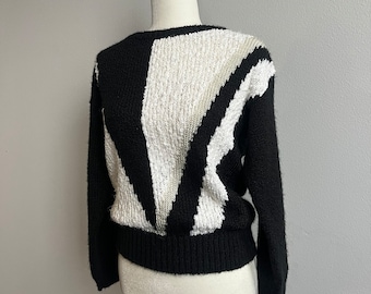 1970s beldoch popper abstract sweater, vintage black tan and white sweater, small