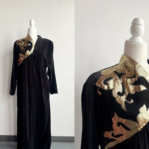 Vestido vintage Oscar De La Renta dos anos 1970, vestido de noite de grife, vestido de cama de veludo dourado e preto até o chão