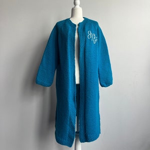 60s hand knit cardigan, blue long knit overcoat, GWF Initials