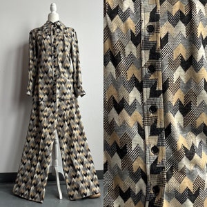 70s Chevron double knit Leisure Suit, Retro Earth Tone Pant Suit Set