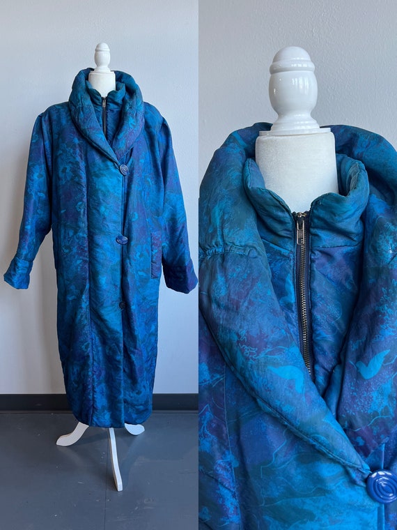 80s Vintage Feather Down Puffer Coat, Marbled Blue