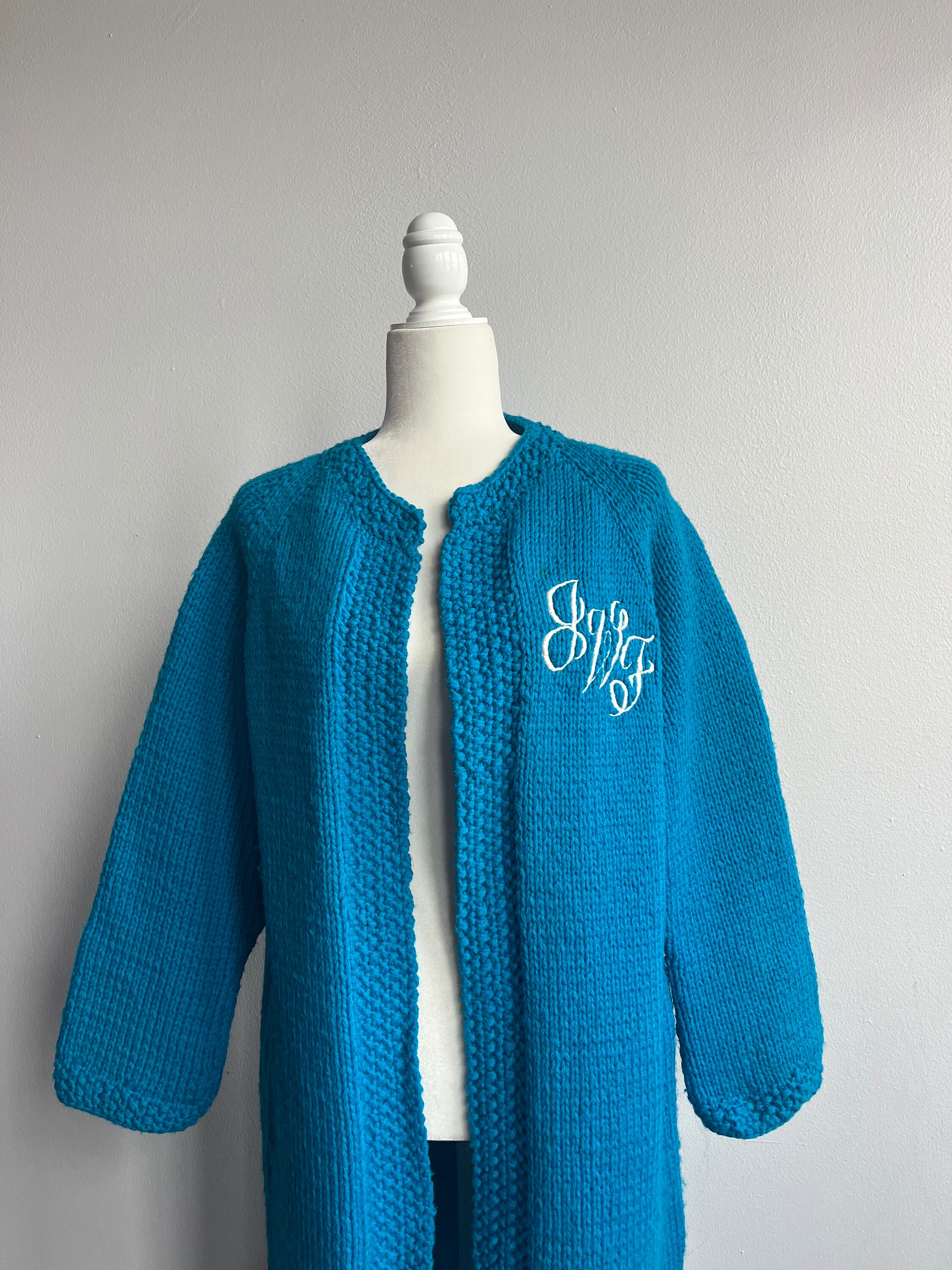 60s Hand Knit Cardigan, Blue Long Knit Overcoat, GWF