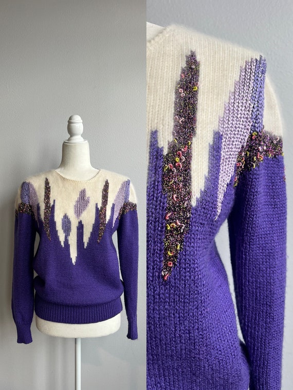 Vintage Purple Angora Knit Sweater, Funky Retro Kn