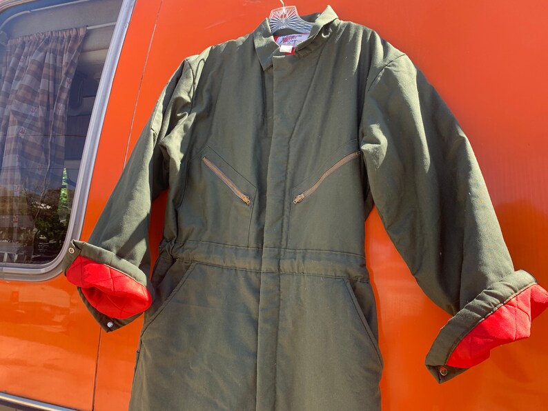 vintage workwear Industrial 70s LXL Red Wing Coverall Poly Filled Jumpsuit forest green
