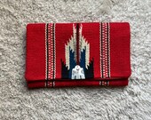 1940s Vintage Original Chimayo Wool Purse Ganscraft, Silver Thunderbird Pin, Red Black White Gray Clutch