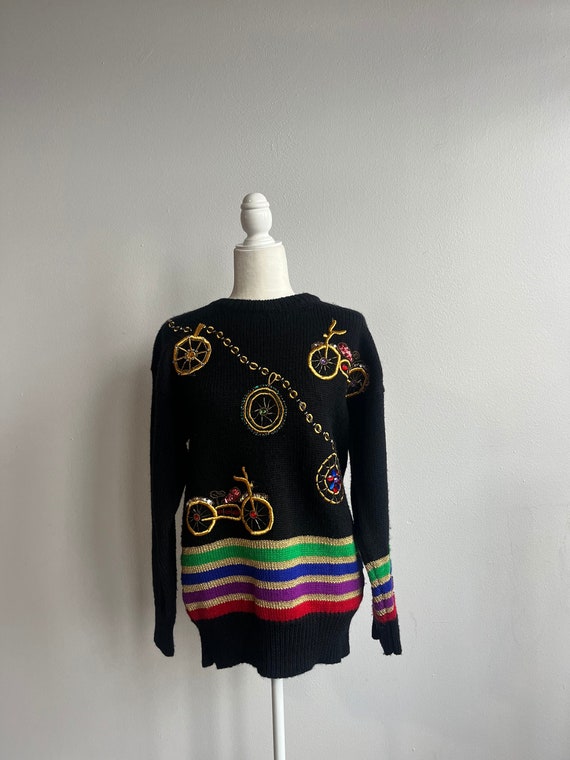 80s Vintage Motorcycle Sweater, Novelty bedazzled