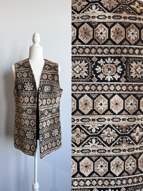 1970s Vintage Tapestry Vest, Brown black Aladdin … - image 1