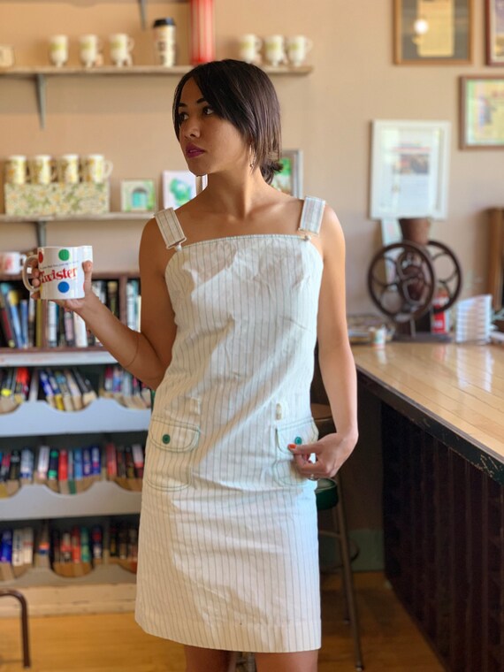 60s/70s Mod Denim Overall Dress, Suspender, Pin St