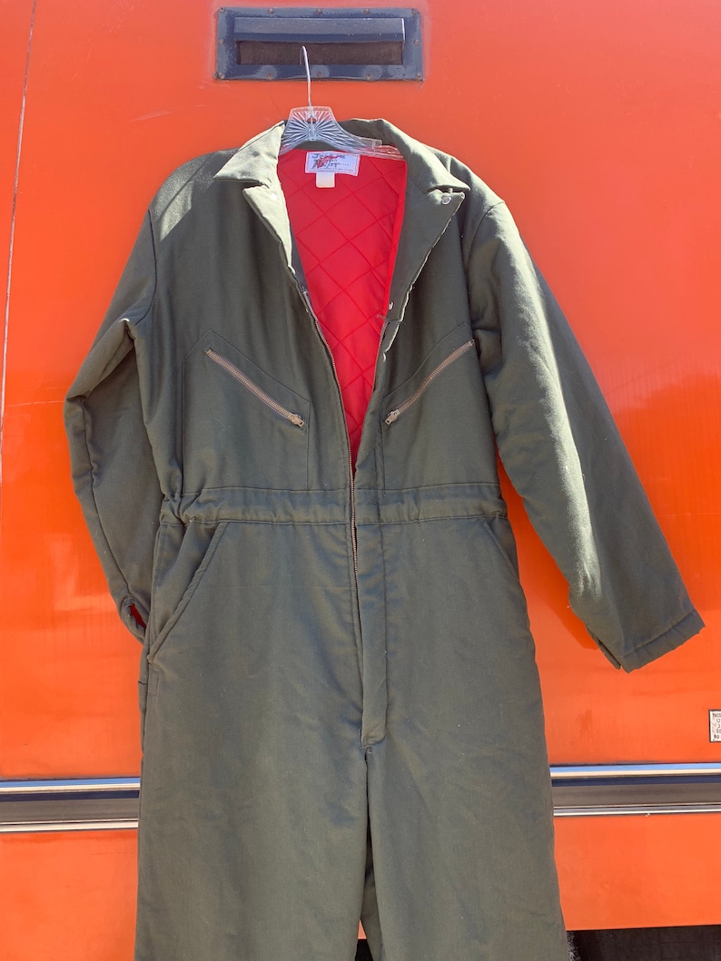 vintage workwear Industrial 70s LXL Red Wing Coverall Poly Filled Jumpsuit forest green