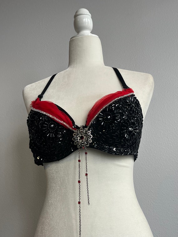 80s Vintage Beaded Bra, Black & Red Festival, NYE… - image 2