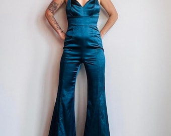 Anthropologie Women's Blue and Navy Jumpsuit, sz 4, 1970s style