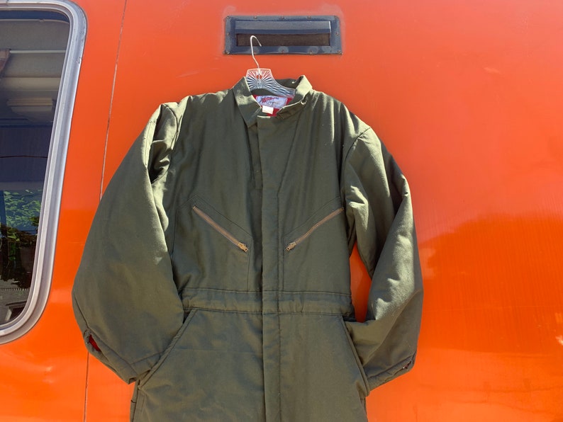 vintage workwear Industrial 70s LXL Red Wing Coverall Poly Filled Jumpsuit forest green