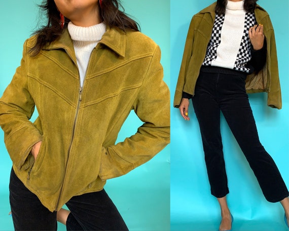 90s does 70s Moss Green Suede Jacket, Moto Babe Mi