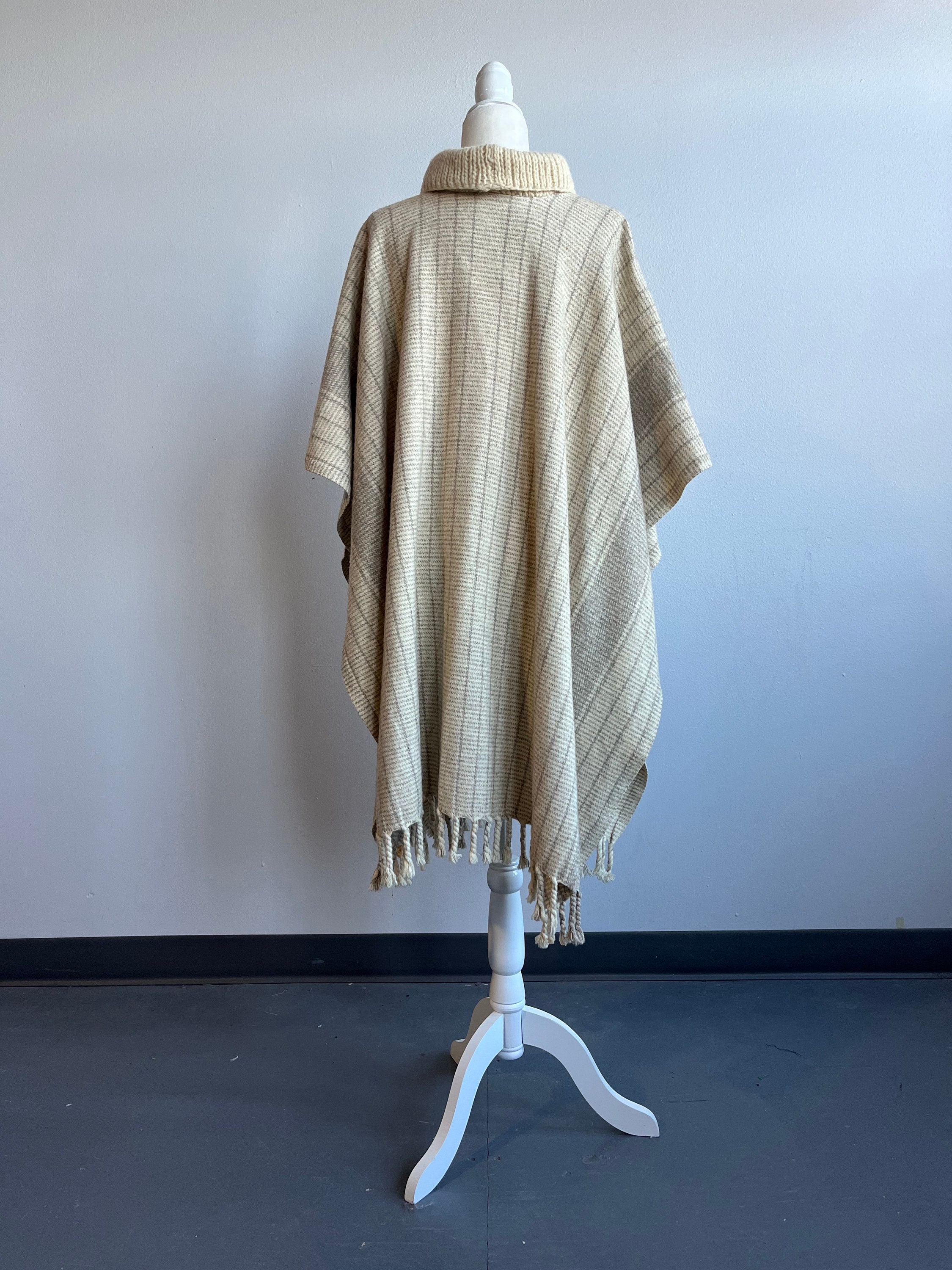 1970s Hand Knit Striped Wool Poncho, One Size, Gray & Creme