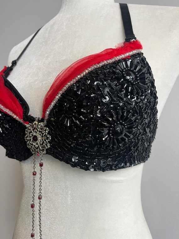 80s Vintage Beaded Bra, Black & Red Festival, NYE… - image 4