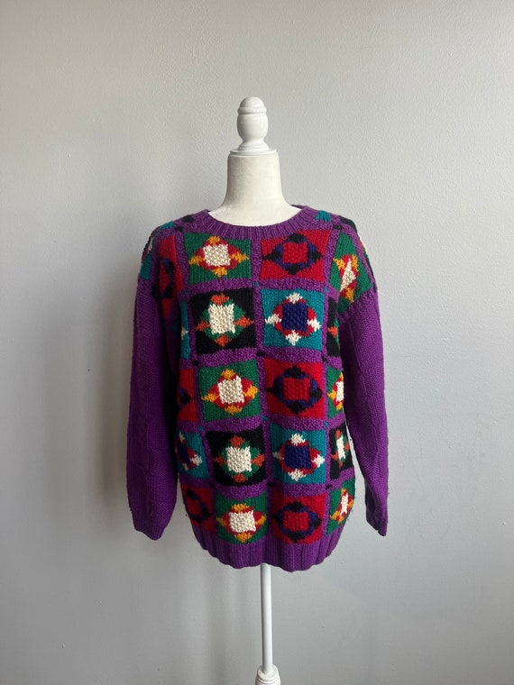 Vintage knit colorful patchwork sweater, Large, Ar