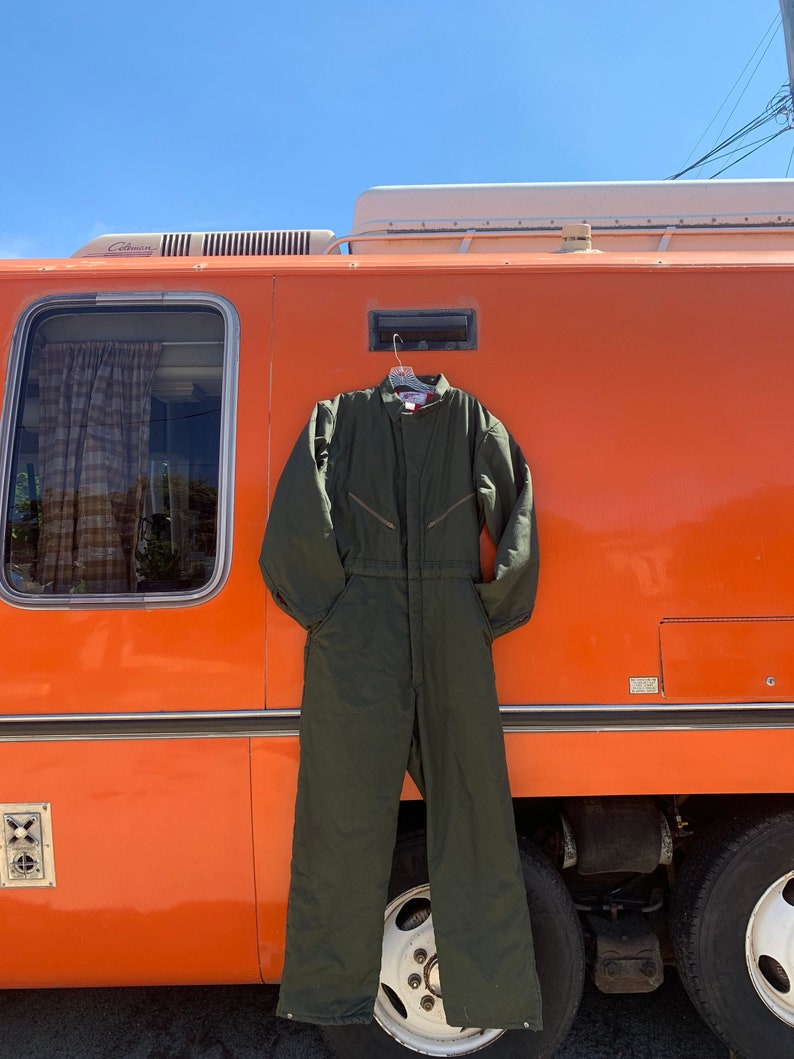 vintage workwear Industrial 70s LXL Red Wing Coverall Poly Filled Jumpsuit forest green