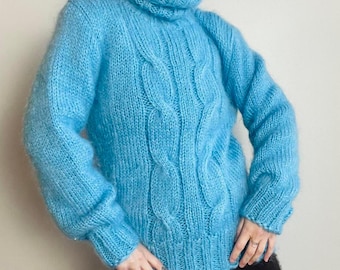 Baby Blue High Turtleneck Chunk Hand Knit Sweater, S/M