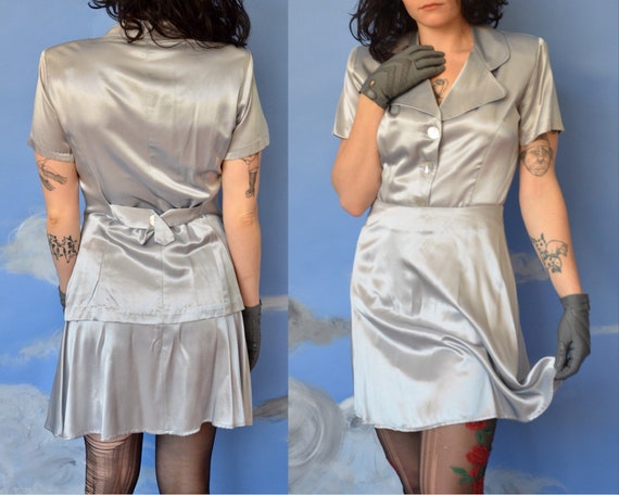 90s Metallic Shiny Two Piece, Liquid Silver Short