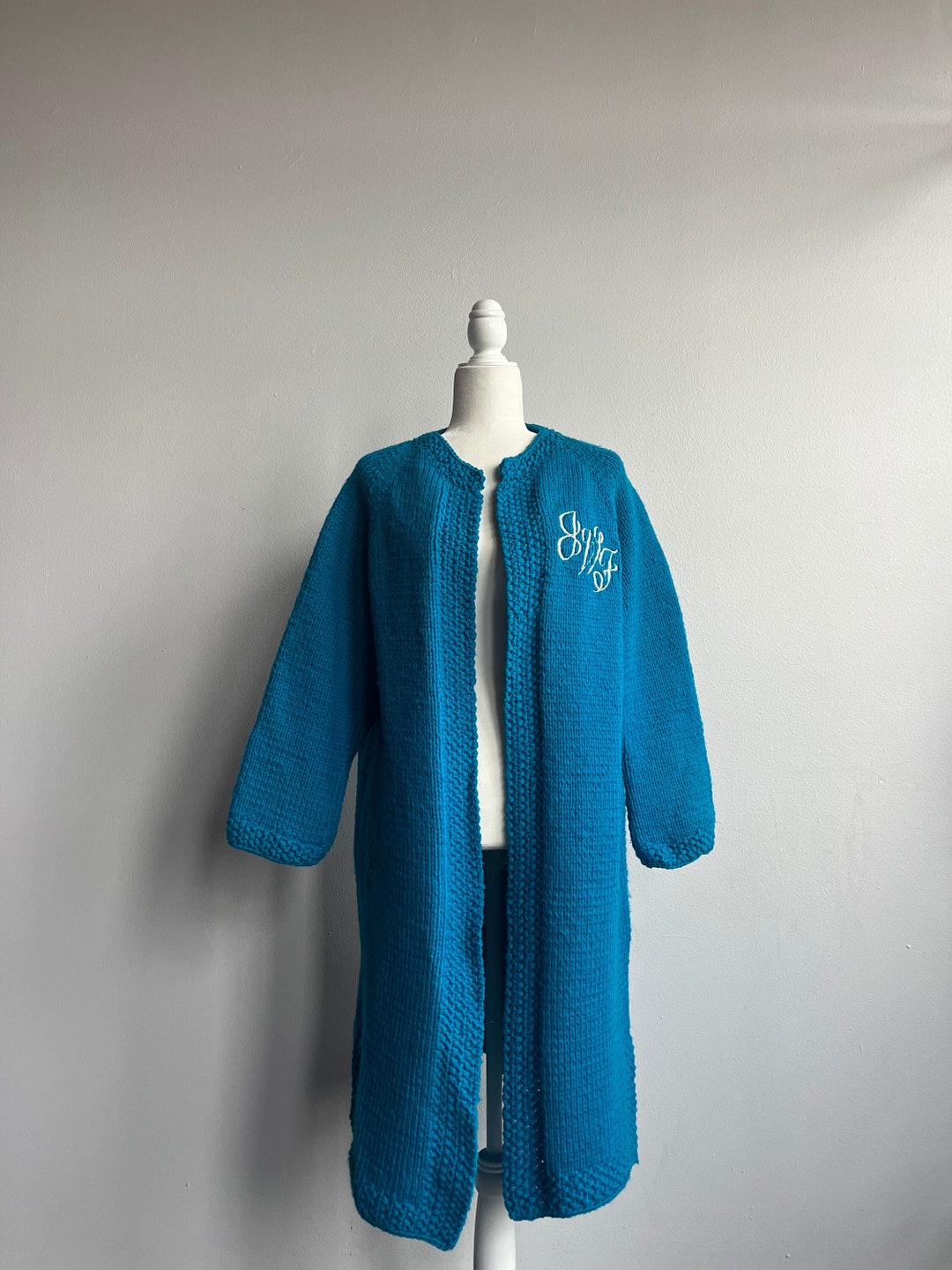 60s Hand Knit Cardigan, Blue Long Knit Overcoat, GWF