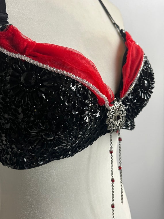 80s Vintage Beaded Bra, Black & Red Festival, NYE… - image 5