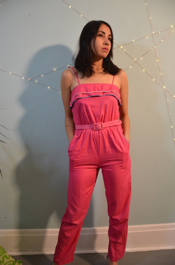 70s/80s Hot Pink Ruffle Jumpsuit, Magenta Spaghett