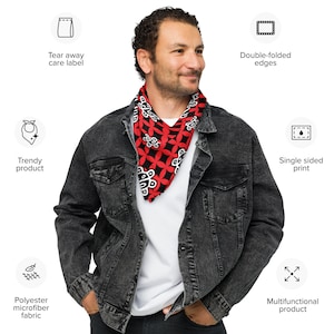Bandana con stampa all-over di design rosso sole Taino. Abbigliamento da sole Taino. Bandana Argyle degli indiani Taino di Porto Rico. Taino Sol. Moda Taino.